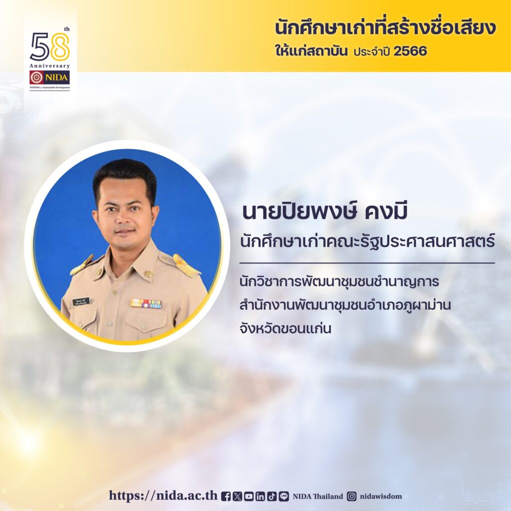 นายปิยพงษ์ คงมี นักศึกษาเก่าคณะรัฐประศาสนศาสตร์ ตำแหน่งงานปัจจุบัน นักวิชาการพัฒนาชุมชนชำนาญการ สำนักงานพัฒนาชุมชนอำเภอภูผาม่าน จังหวัดขอนแก่น