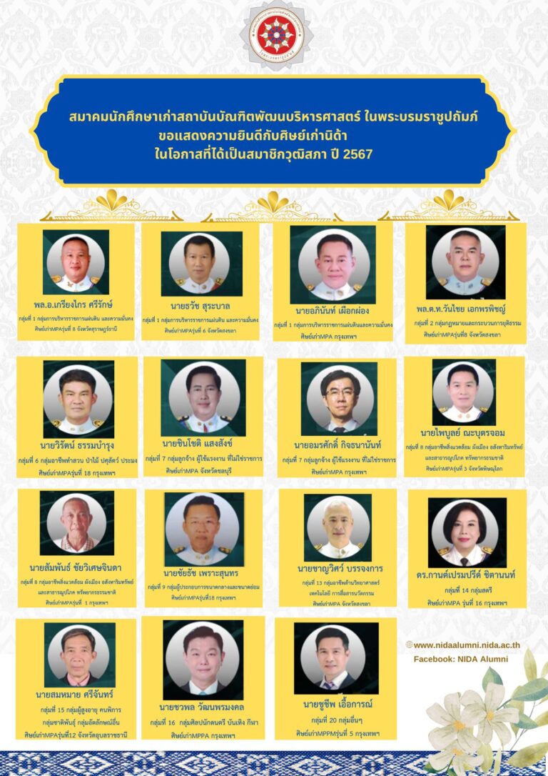 ขอแสดงความยินดีแด่ศิษย์เก่าหลักสูตรรัฐประศาสนศาสตรมหาบัณฑิต (M.P.A.) และหลักสูตรการจัดการภาครัฐและภาคเอกชนมหาบัณฑิต (M.P.P.M.) เนื่องในโอกาสที่ได้เป็นสมาชิกวุฒิสภา ปี พ.ศ. 2567