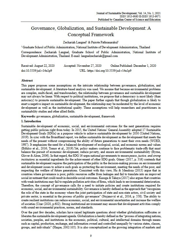 Governance, Globalization, and Sustainable Development: A conceptual framework. Journal of Sustainable Development