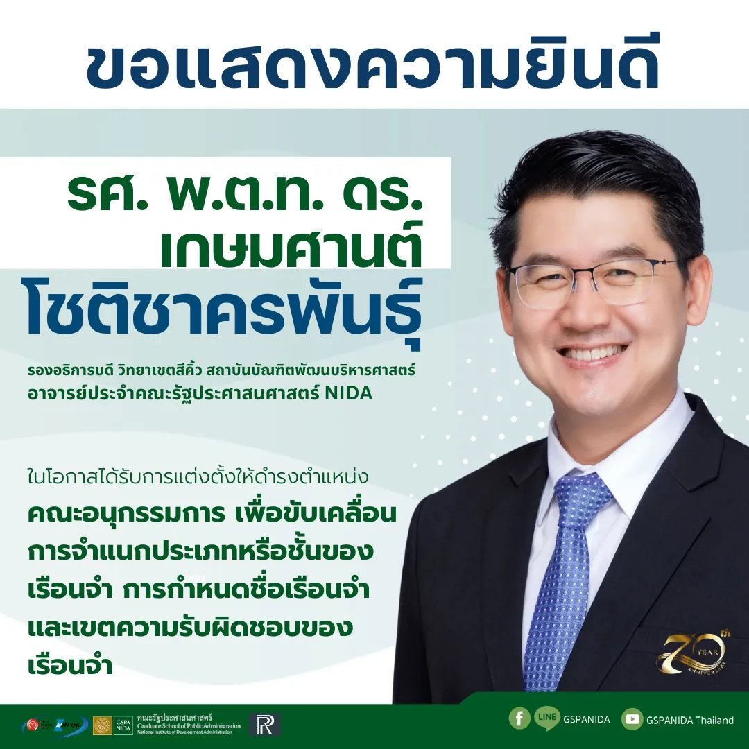 ขอแสดงความยินดี แด่ รศ. พ.ต.ท. ดร.เกษมศานต์ โชติชาครพันธุ์ รองอธิการบดี วิทยาเขตสีคิ้ว สถาบันบัณฑิตพัฒนบริหารศาสตร์ อาจารย์ประจำคณะรัฐประศาสนศาสตร์