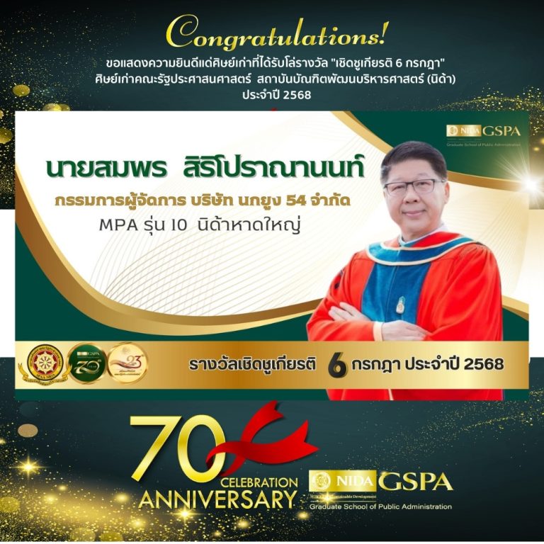 ขอแสดงความยินดีแก่ นายสมพร สิริโปราณานนท์ ศิษย์เก่าที่ได้รับโล่รางวัล “เชิดชูเกียรติ 6 กรกฎา” ศิษย์เก่าคณะรัฐประศาสนศาสตร์ สถาบันบัณฑิตพัฒนบริหารศาสตร์ (นิด้า) ประจำปี 2568