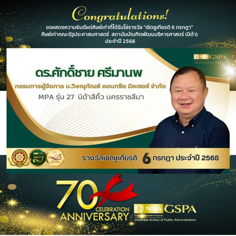 ขอแสดงความยินดีแก่ ดร.ศักดิ์ชาย ศรีมานพ ศิษย์เก่าที่ได้รับโล่รางวัล “เชิดชูเกียรติ 6 กรกฎา” ศิษย์เก่าคณะรัฐประศาสนศาสตร์ สถาบันบัณฑิตพัฒนบริหารศาสตร์ (นิด้า) ประจำปี 2568