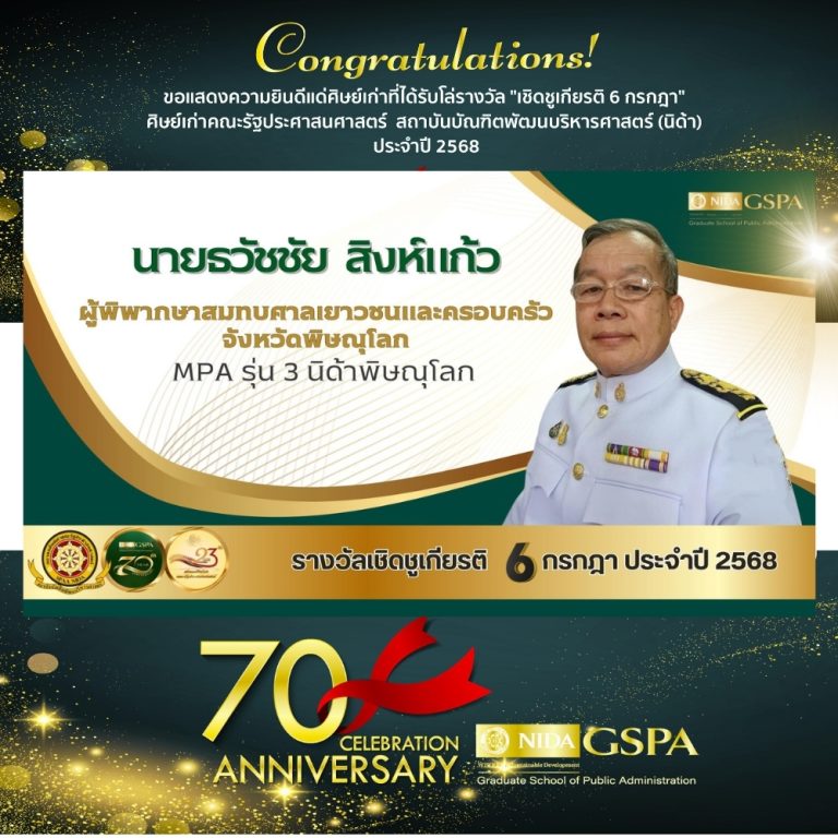 ขอแสดงความยินดีแก่ นายธวัชชัย สิงห์แก้ว ศิษย์เก่าที่ได้รับโล่รางวัล “เชิดชูเกียรติ 6 กรกฎา” ศิษย์เก่าคณะรัฐประศาสนศาสตร์ สถาบันบัณฑิตพัฒนบริหารศาสตร์ (นิด้า) ประจำปี 2568
