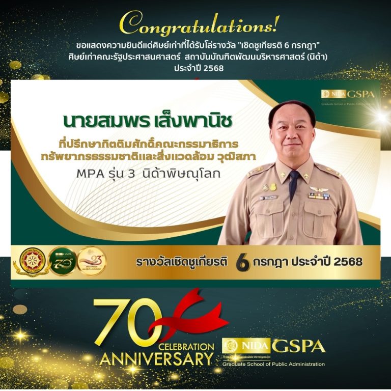 ขอแสดงความยินดีแก่ นายสมพร เส็งพานิช ศิษย์เก่าที่ได้รับโล่รางวัล “เชิดชูเกียรติ 6 กรกฎา” ศิษย์เก่าคณะรัฐประศาสนศาสตร์ สถาบันบัณฑิตพัฒนบริหารศาสตร์ (นิด้า) ประจำปี 2568