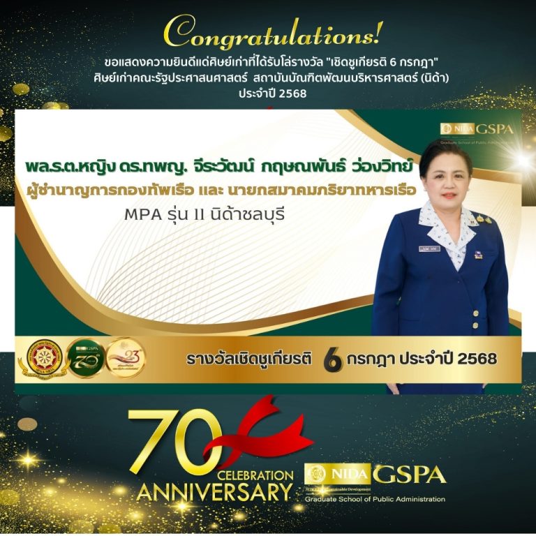 ขอแสดงความยินดีแก่ พล.ร.ต.หญิง ดร.ทพญ. จีระวัฒน์ กฤษณพันธ์ ว่องวิทย์ ศิษย์เก่าที่ได้รับโล่รางวัล “เชิดชูเกียรติ 6 กรกฎา” ศิษย์เก่าคณะรัฐประศาสนศาสตร์ สถาบันบัณฑิตพัฒนบริหารศาสตร์ (นิด้า) ประจำปี 2568
