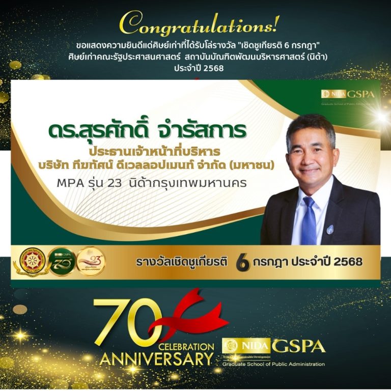 ขอแสดงความยินดีแก่ ดร.สุรศักดิ์ จำรัสการ ศิษย์เก่าที่ได้รับโล่รางวัล “เชิดชูเกียรติ 6 กรกฎา” ศิษย์เก่าคณะรัฐประศาสนศาสตร์ สถาบันบัณฑิตพัฒนบริหารศาสตร์ (นิด้า) ประจำปี 2568