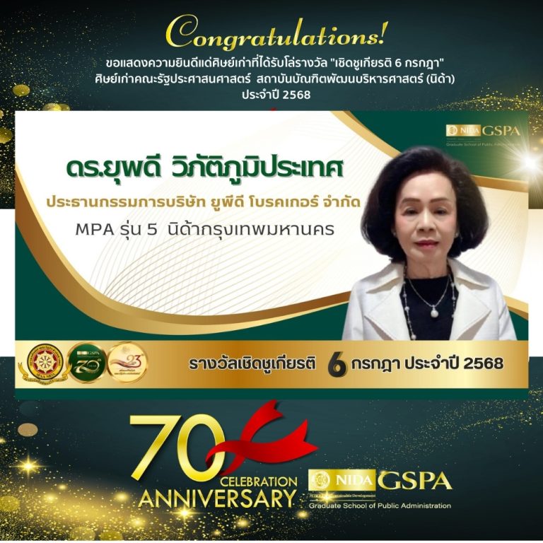 ขอแสดงความยินดีแก่ ดร.ยุพดี วิภัติภูมิประเทศ ศิษย์เก่าที่ได้รับโล่รางวัล “เชิดชูเกียรติ 6 กรกฎา” ศิษย์เก่าคณะรัฐประศาสนศาสตร์ สถาบันบัณฑิตพัฒนบริหารศาสตร์ (นิด้า) ประจำปี 2568