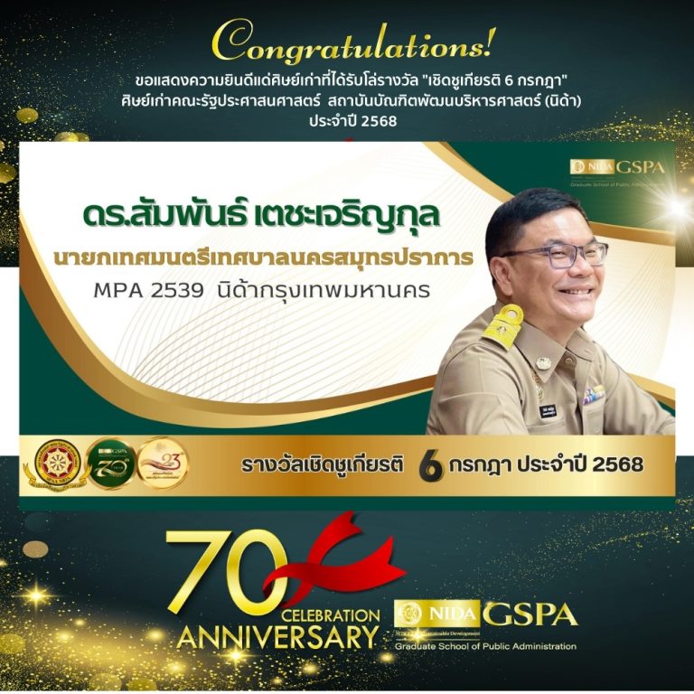 ขอแสดงความยินดีแก่ ดร.สัมพันธ์ เตชะเจริญกุล ศิษย์เก่าที่ได้รับโล่รางวัล “เชิดชูเกียรติ 6 กรกฎา” ศิษย์เก่าคณะรัฐประศาสนศาสตร์ สถาบันบัณฑิตพัฒนบริหารศาสตร์ (นิด้า) ประจำปี 2568