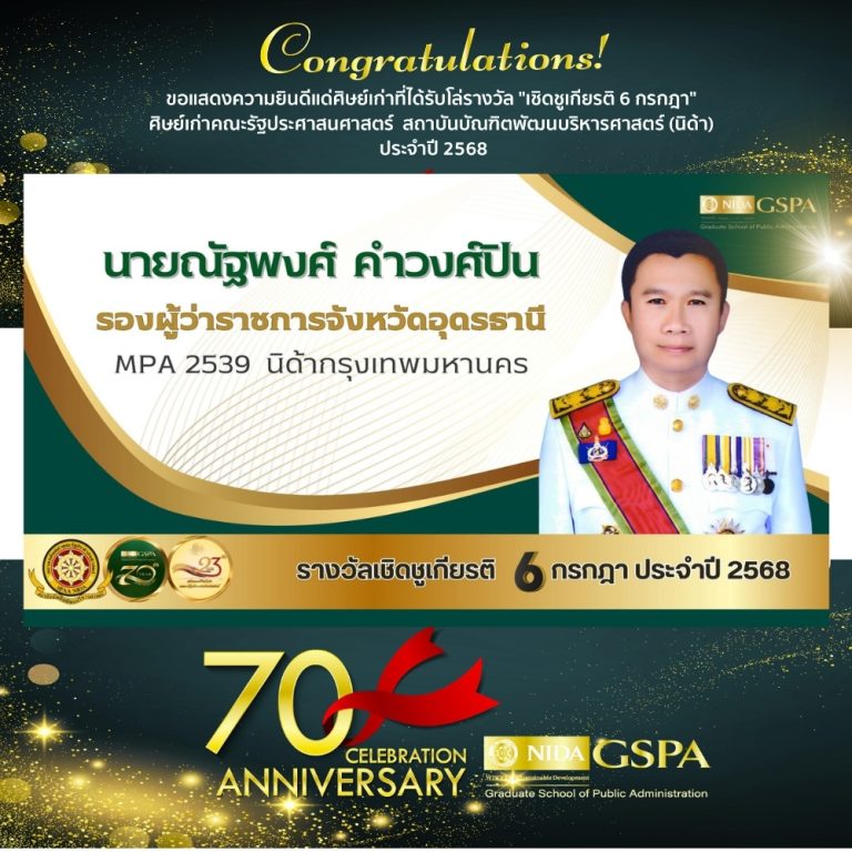 ขอแสดงความยินดีแก่ นายณัฐพงศ์ คำวงศ์ปิน ศิษย์เก่าที่ได้รับโล่รางวัล “เชิดชูเกียรติ 6 กรกฎา” ศิษย์เก่าคณะรัฐประศาสนศาสตร์ สถาบันบัณฑิตพัฒนบริหารศาสตร์ (นิด้า) ประจำปี 2568