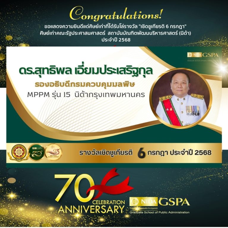 ขอแสดงความยินดีแก่ ดร.สุทธิพล เอี่ยมประเสริฐกุล ศิษย์เก่าที่ได้รับโล่รางวัล “เชิดชูเกียรติ 6 กรกฎา” ศิษย์เก่าคณะรัฐประศาสนศาสตร์ สถาบันบัณฑิตพัฒนบริหารศาสตร์ (นิด้า) ประจำปี 2568