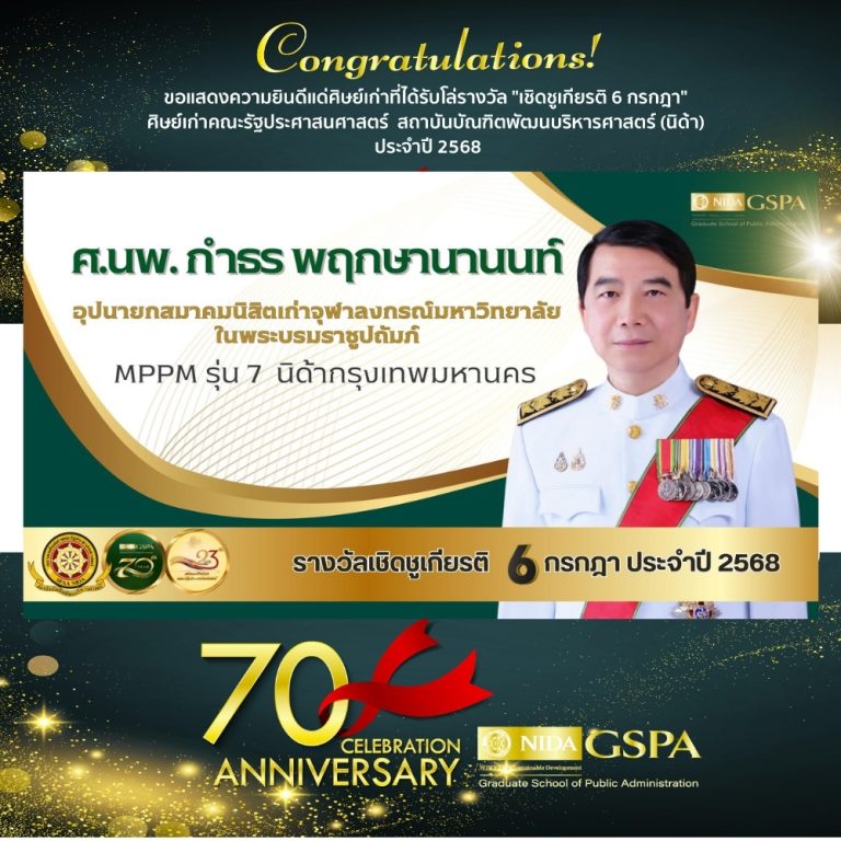 ขอแสดงความยินดีแก่ ศ.นพ.กำธร พฤกษานานนท์ ศิษย์เก่าที่ได้รับโล่รางวัล “เชิดชูเกียรติ 6 กรกฎา” ศิษย์เก่าคณะรัฐประศาสนศาสตร์ สถาบันบัณฑิตพัฒนบริหารศาสตร์ (นิด้า) ประจำปี 2568