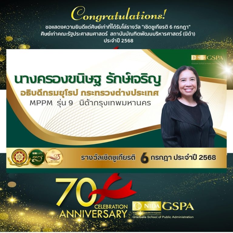 ขอแสดงความยินดีแก่ นางครองขนิษฐ รักษ์เจริญ ศิษย์เก่าที่ได้รับโล่รางวัล “เชิดชูเกียรติ 6 กรกฎา” ศิษย์เก่าคณะรัฐประศาสนศาสตร์ สถาบันบัณฑิตพัฒนบริหารศาสตร์ (นิด้า) ประจำปี 2568