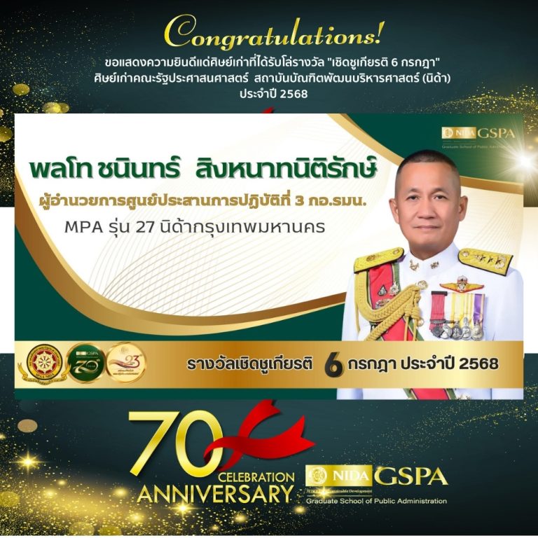 ขอแสดงความยินดีแก่ พลโท ชนินทร์ สิงหนาทนิติรักษ์ ศิษย์เก่าที่ได้รับโล่รางวัล “เชิดชูเกียรติ 6 กรกฎา” ศิษย์เก่าคณะรัฐประศาสนศาสตร์ สถาบันบัณฑิตพัฒนบริหารศาสตร์ (นิด้า) ประจำปี 2568